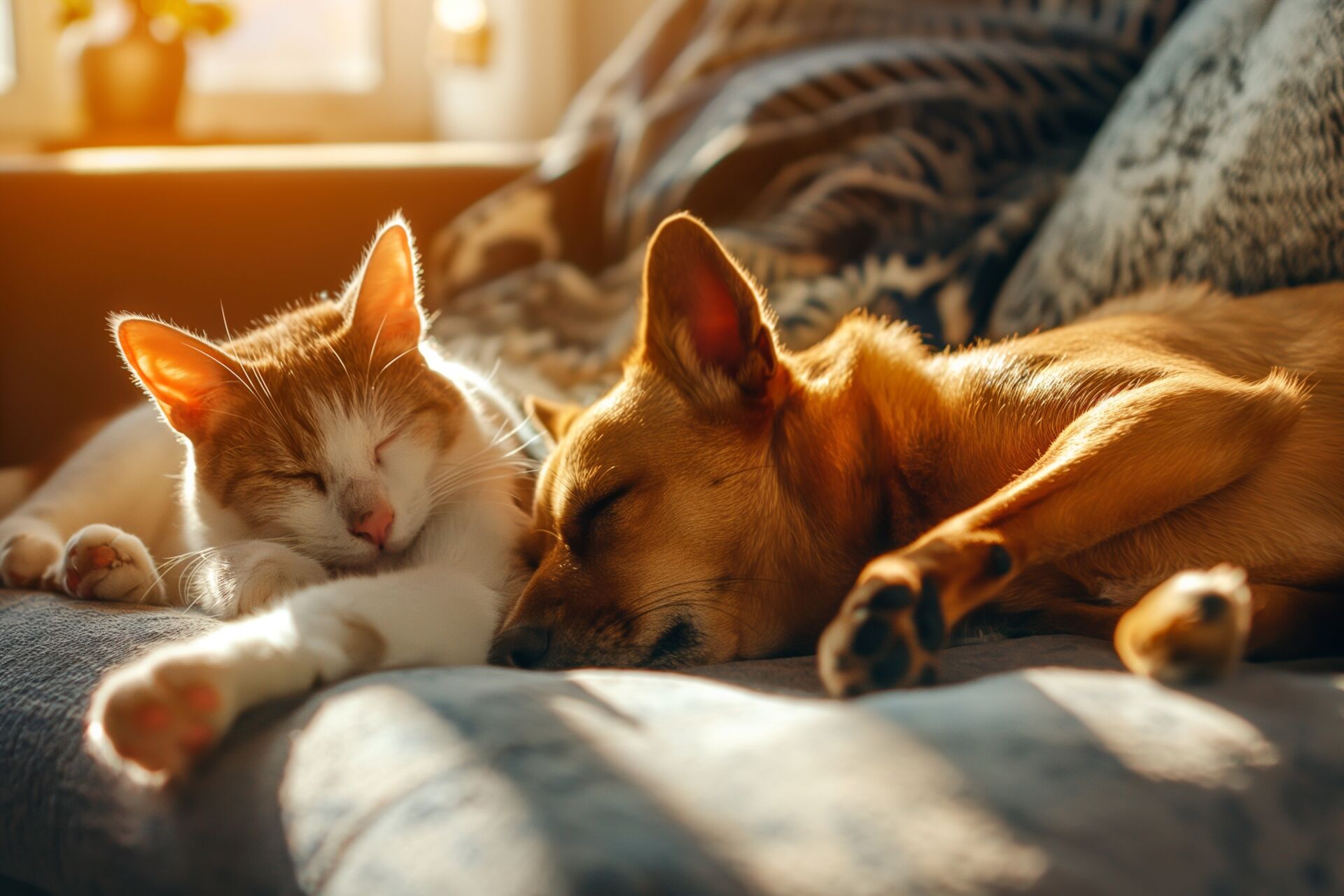 Eine Nahaufnahme von einer Katze und einem Hund, die auf dem Sofa Schlafen in der Tierpension Haas