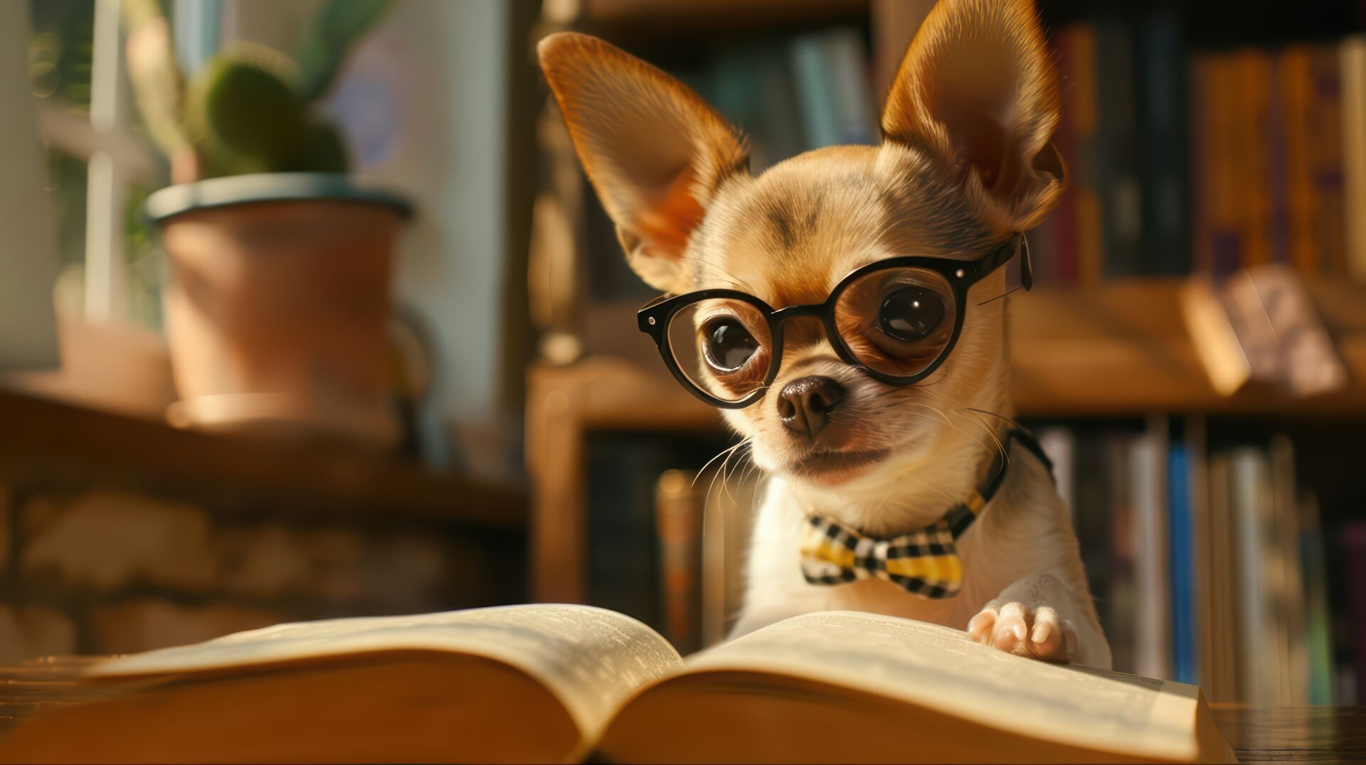 Ein Hund mit Brille sitzt vor einem offenen Buch, im Kontext der Tierpension Haas.