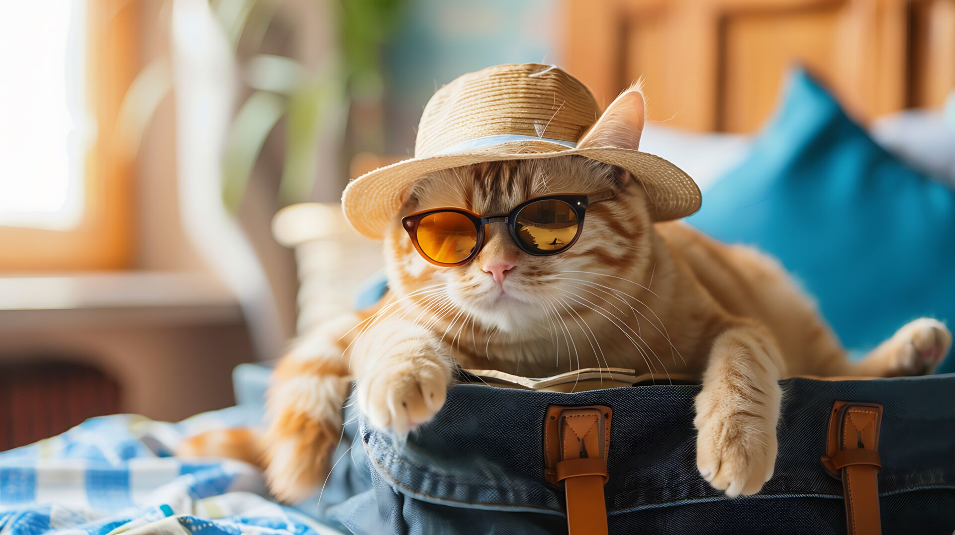 Ein Katze mit Sonnenbrille und Hut ruht sich in der Tierpension Haas aus