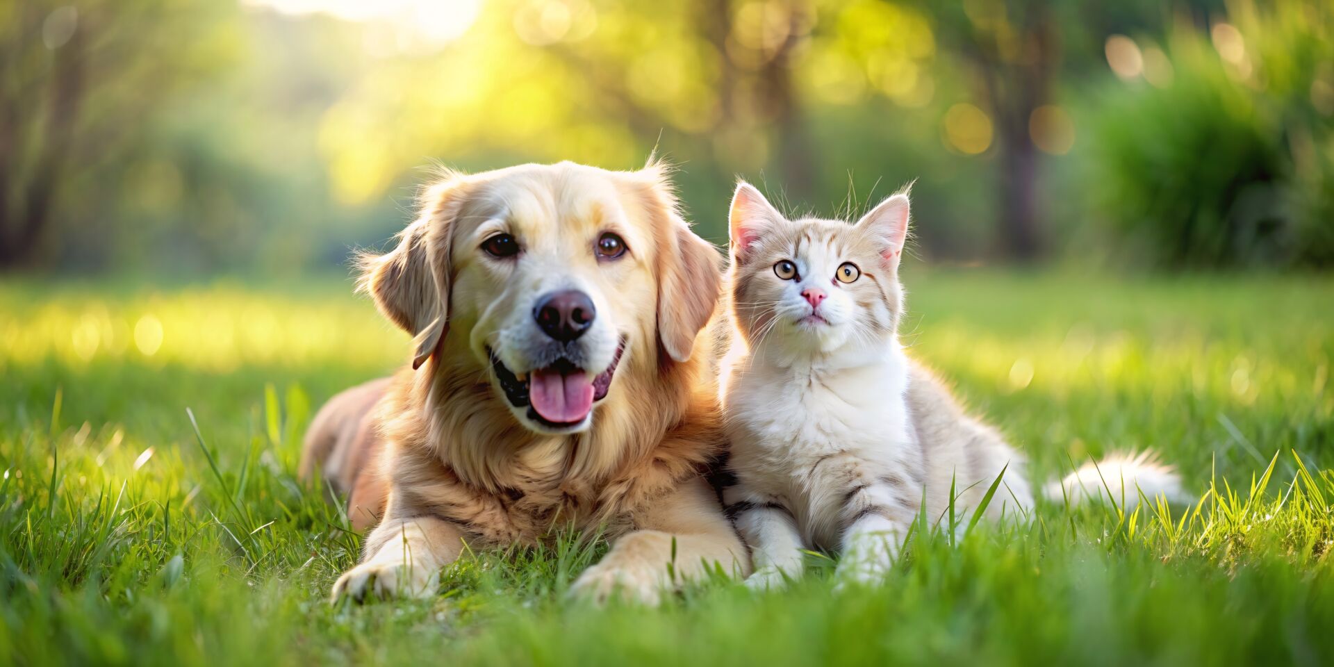 Ein Hund und eine Katze liegen zusammen im Freien auf einer grünen Wiese