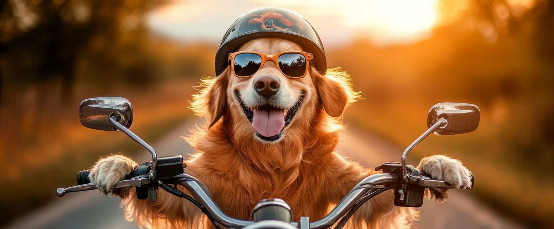 Ein Hund mit Sonnebrille sitzt auf einem Motarrad und fährt zur Tierpension Haas
